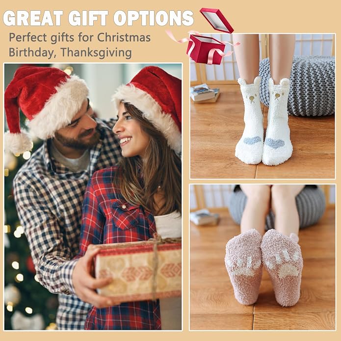 Ginmewrae Women Fuzzy Socks Cozy Soft Fluffy Cute Animal Slipper Socks Sleeping Warm Socks Christmas Gift for Girls