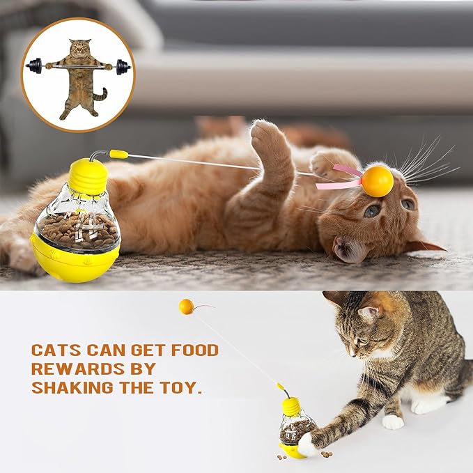 Cat Interactive Toy, Slow Food Dispenser Feeder, Tumbler Design with Teaser Wand & Glowing Ball, Funny Kitten Treats for Indoor Cats Exercise and Boredom Relief (Yellow)