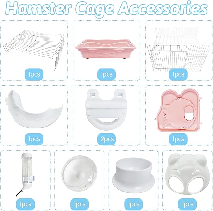 PINVNBY Dwarf Hamster Cage, Small Animal Cages, 2-Tier Travel Portable Mouse Cage Hamster Carrier with Castle House Running Exercise Wheels, Water Bottle and Food Dish(Pink)