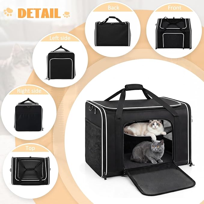 Extra Large Cat Carrier with Built-in Litter Box for Car Travel & Road Trips, Expands to 36"x17"x17", Soft-sided Foldable Travel Crate for 1-2 Large Cats, Multi-entry, Ventilated Mesh, Seat Belt Ready