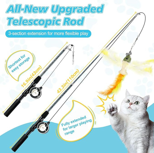 Pawaboo Cat Feather Toys, 4 Pack Interactive Cat Feather Teaser Wand Toys, Retractable Fishing Pole Wand Catcher Exerciser with Refill Fish, Dragonfly Worm with Bells, Blue Yellow Green