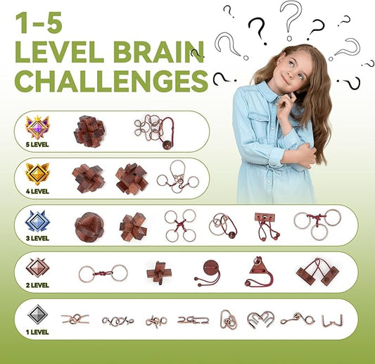 24 Pcs Brain Teaser Puzzles for Adults and Teens - Metal Puzzles 3D Puzzle Game Toys for Adults Teens - Wooden Unlock Interlocking Puzzle Adult IQ Education Smart Toys