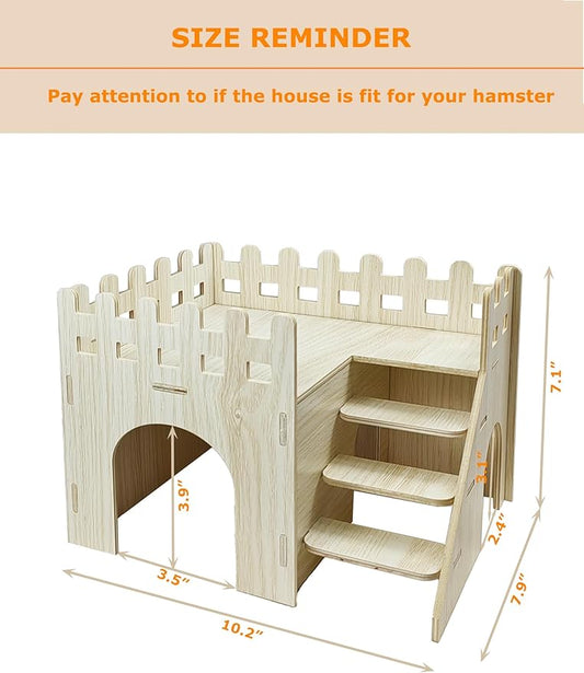 Hamster Hideout Cage Accessories - Hamster House and Habitat Wooden Hide Hut with Climbing Stairs and Platform for Syrian Dwarf Gerbils and Mouse Mice Rat,Small Animals etc.