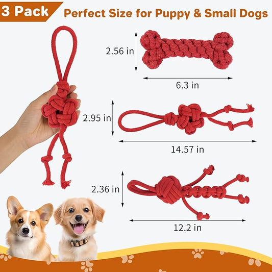 3 Pack Cotton Rope Dog Toy Set, Indestructible Chew Toys for Aggressive Chewers, Puppy Teething Toys with Bone, Human & Chinese Knot Designs for Boredom Relief & Tug of War, Red