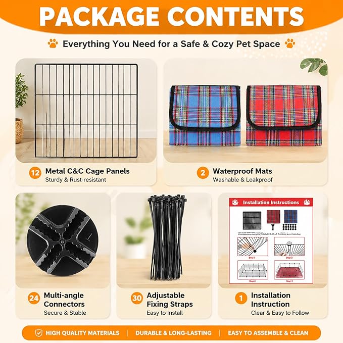 FHTONGE Large Guinea Pig Cage Habitat with 2 Pcs Waterproof Bedding, 8Sq Ft Guinea Pig Playpen with Mat, Metal Small Animal Playpen with Mat for Hamster Hedgehog Dwarf Rabbit (12 x Cage Panels)