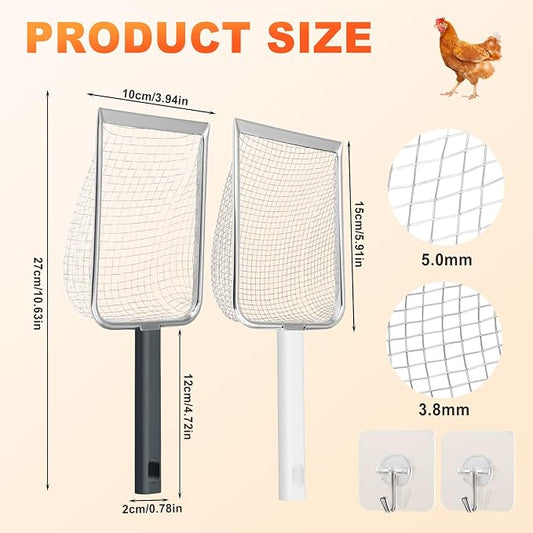 2 Pack Chicken Poop Scooper for Coop, Chicken Coop Shovel with 3.8mm (Fine) & 5mm (Medium) Mesh – Metal Rake & Scoop Tool with Hanger Hooks for Sifting Sand, Litter & Chicken Supplies