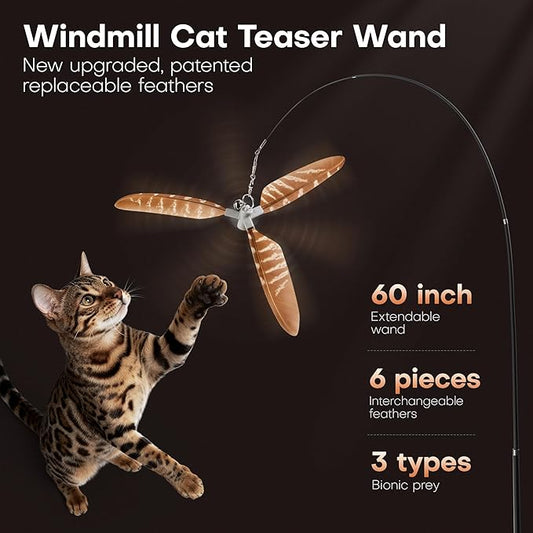 Potaroma Carbon Fiber Cat Wand Toy – Lightweight Retractable Interactive Feather Teaser Stick with 6 Detachable Feathers, Indoor Kitten Fishing Pole Toy with Bells, Durable Enrichment Fun