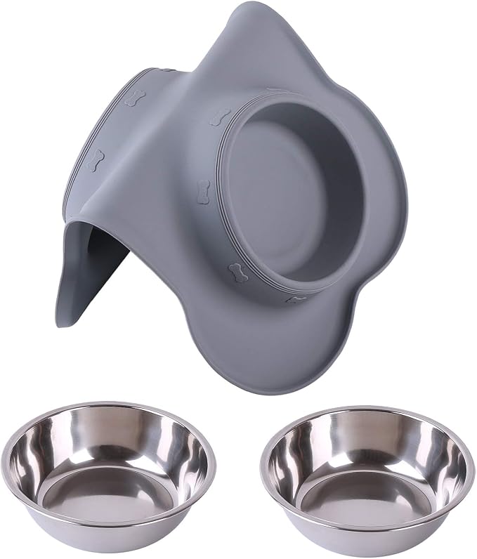 Hubulk Pet Dog Bowls 2 Stainless Steel Dog Bowl with No Spill Non-Skid Silicone Mat + Pet Food Scoop Water and Food Feeder Bowls for Feeding Small Medium Large Dogs Cats Puppies (Large, Gray)