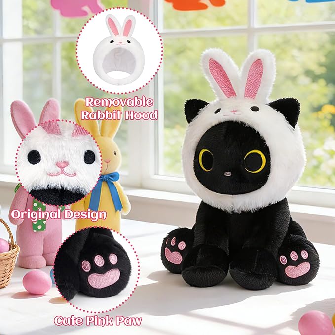 Black Cat Plush with Removable Bunny Hood, Cute Stuffed Animal Kawaii Soft Toy for Kids Toddlers, Birthday Gift for Boys Girls, Party Favors