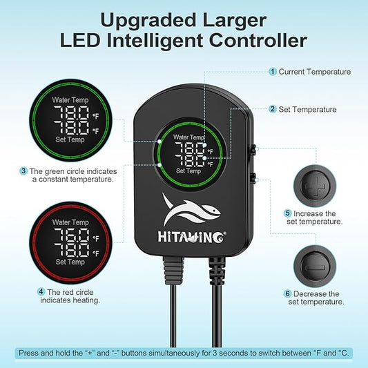 HiTauing Aquarium Heater, 100W/200W/300W/500W Fish Tank Heater with Upgraded LED Large Display, Up/Down Control Buttons and Intelligent Leaving Water Automatic Power-Off for Saltwater and Freshwater
