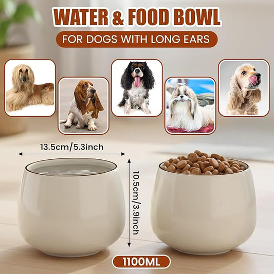 1 Pack 37 oz Ceramic Dog Bowl for Large Dogs with Long Ears No Spill Water & Food Pet Bowl Cocker Spaniel Beagle Bassett (Beige)