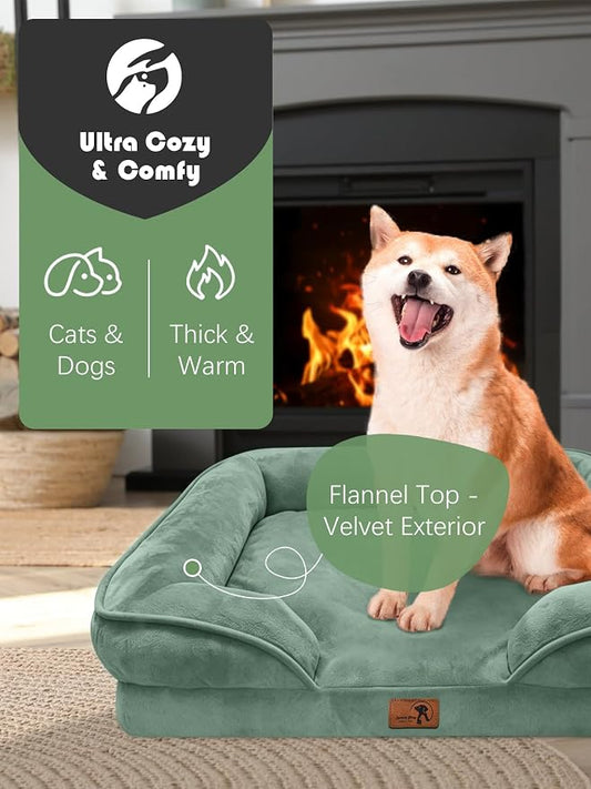 Spotted Play Orthopedic Dog Bed with Sides - Sofa Beds for Medium Dogs, Supportive Foam Pet Couch Bed with Washable Removable Cover, Waterproof Lining and Non-Slip Bottom, Green - M