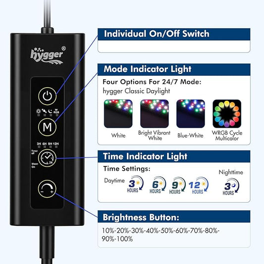 hygger Auto On Off Aquarium LED Light, 4 Mode Lighting Full Spectrum Fish Tank Light 24/7 Timer Colorful Fish/Sun/Nightlight/WRGB Cycle for Freshwater