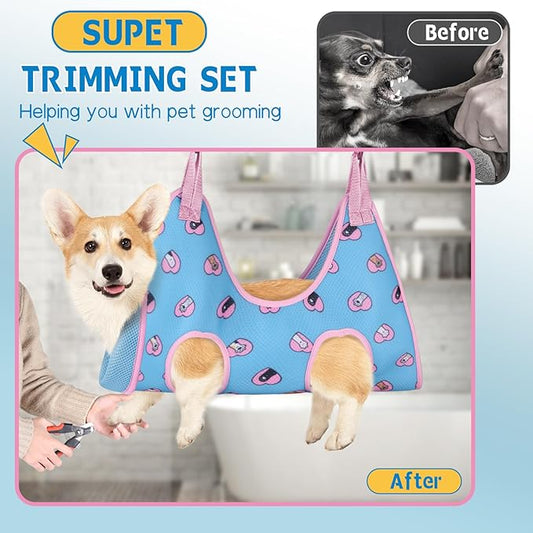 Supet Dog Grooming Hammock Harness for Dogs Cats, Relaxation Pet Nail Clipper Hammock, Restraint Dog & Small Animal Leashes Sling for Groomingk for Nail Trimming (Blue-Love, S)