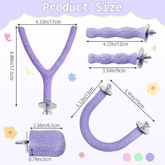 PINVNBY 5 Pack Bird Perch Resin Bird Beak Grinding Stone Parrot Cage Stand Platform Foot Claws Trimmer Chew Toy Cage Accessories for Budgie Cockatiel Conure Lovebird Finch (Purple)