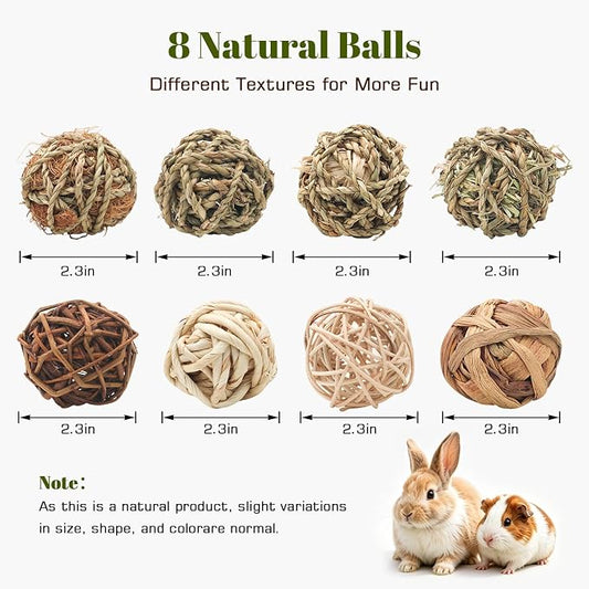 8 Pcs Bunny Chew Grass Balls, Hangable Natural Handmade Enrichment Toys for Teeth Grinding, Enrichment Treats for Rodents Rabbits Guinea Pigs Chinchillas Hamsters Mice, Rolling Chew Toys (2.4") (8pcs)