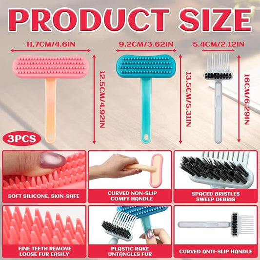 3PCS Rabbit Brush, Bunny Grooming Comb Pink & Blue Soft Silicone Small Pet Brushes with Grey Cleaning Brush, Small Animals Massager Cat Shedding Brush Pet Hair Remover Dog Combs for Kittens Puppies