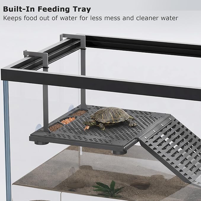 Upgraded Hanging Turtle Basking Platform with Built-In Feeding Tray, Stainless Steel Hooks, Non-Slip Ramp, No Zip Ties, Heavy-Duty Turtle Dock for 30 Gallon Aquariums