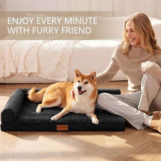 Patas Lague Orthopedic Dog Bed Medium Size Dog 30''X20'', Waterproof L Bolster Medium Pet Sofa Beds with Removable Washable Cover, Soft Pet Couch Crate Mat with Nonskid Bottom, Black