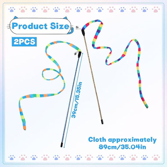 2 Pcs Interactive Cat Rainbow Wand Toys, Colorful Ribbon Teaser for Bored Indoor Cats and Kittens Cat Teaser Wand and String Toy Extended Colorful Cats String Toy with Bells