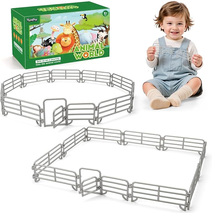 20PCS Large Farm Animal Corral Fence Toys with 2 Gates Fences for Kids Boys Girls, Educational Farm Animal Cake Toppers for Toddlers Children.