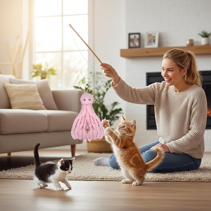 2-Pack Cat Toy Wand Set: Interactive Cat Teaser Wands with Bells and Streamers to Engage Your Cat’s Natural Instincts (Birds and Insects)