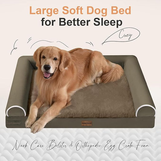 NANUYA Orthopedic Dog Bed for Medium Dogs, 30 x 20 Inch, Brown | Egg crate foam for joint support, 3-sided bolster pet sofa, waterproof lining, washable cover, and non-skid base