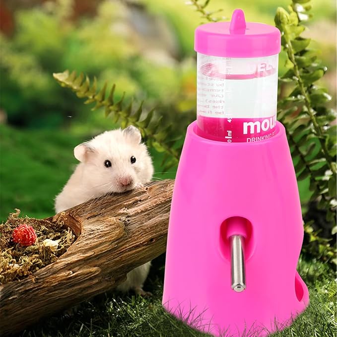 Hypeety Hamster Water Bottle with Base Hamster Automatic Water Dispenser Cage Accessories for Dwarf Hamster Mouse Rat Hedgehog Guinea Pig 80ML (Pink, 80ml)