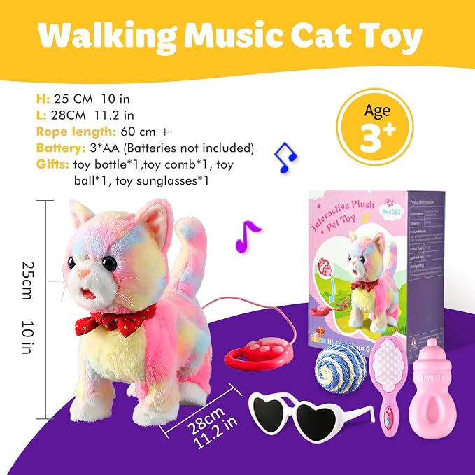 Rainbow Walking Cat Toy for Kids Kitty Toys for Girls Kitten Set that Talking Meows Singing Dancing Repeat What You Say Touch and Voice Control Plush Electronic Robot Kitties for Baby Toddlers