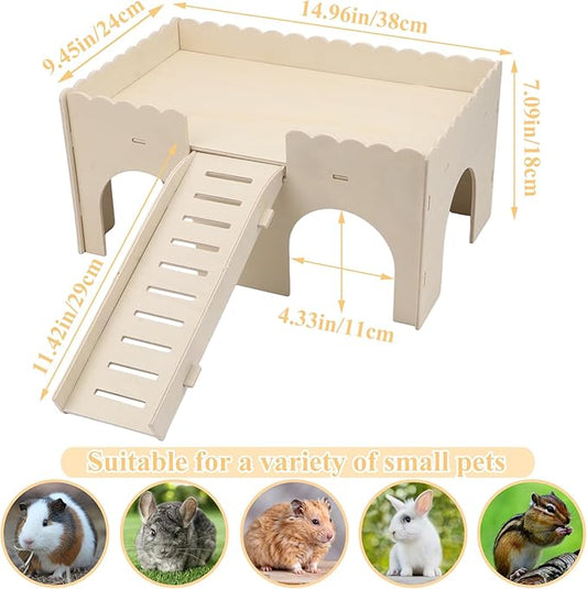 Hypeety Wooden Guinea Pig Hideout Sturdy Wooden Castle with Stairs Easy to Assemble Small Animal House Guinea Pig Hut Bed Habitats for Hamsters Bunnies Chinchillas Playing and Hiding
