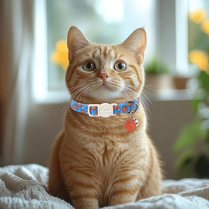2 Pack Boy Cat Collars - Green Soccer & Blue Basketball Breakaway Cat Collars, Adjustable Boy Kitten Safety Collar for Small Dogs Puppy, Cute Pet Collar with Bell & Pendant
