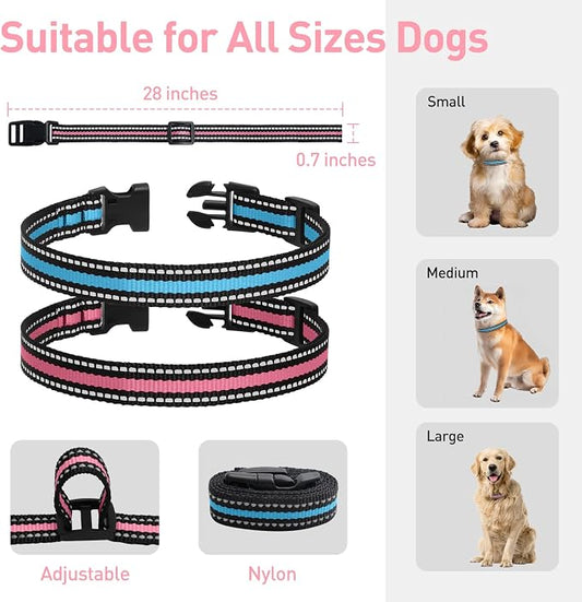 Replacement Collar Strap Fits Dog Training Collar Receiver, Shock Collar & Bark Collar Receiver, Durable Reflective Dog Collar, 2 Pack, Pink & Blue