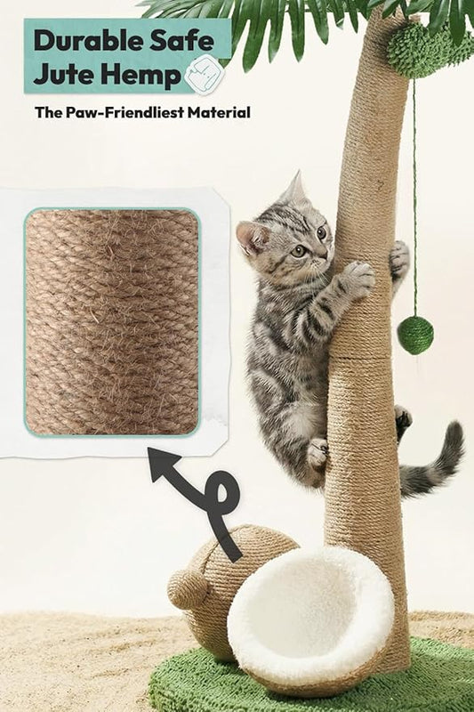 33" Tall Cat Scratching Post, Natural Jute Cat Scratcher for Indoor Cats,Twin Coconuts & Tree Design with Hanging Toy Ball & Rest Platform,Stable Furniture Protector for Kittens & Adult Cats,M