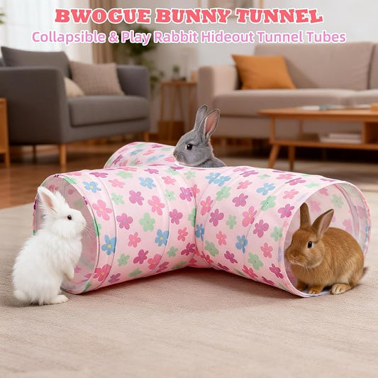 BWOGUE Bunny Tunnels & Tubes Collapsible 3 Way Bunny Hideout Small Animal Activity Tunnel Toys for Dwarf Rabbits Guinea Pigs Kitty