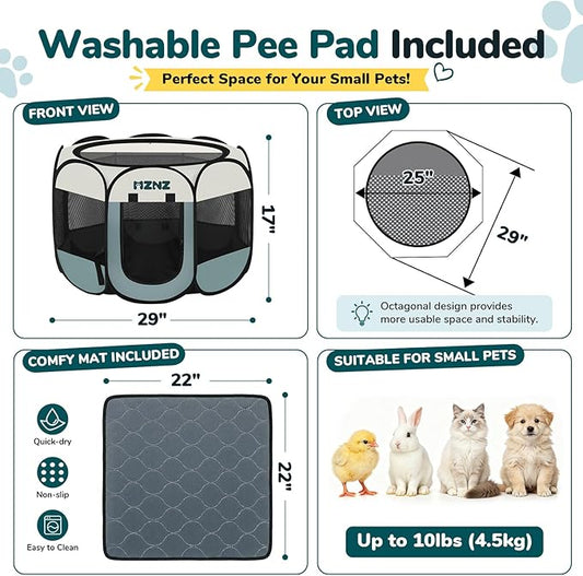 Dog Cat Playpen with Pee Pad, Portable Puppy Pet Crate Indoor for Small Dogs Cats Rabbits, Foldable Dog Cage Enclosure for Outdoor, Pop Up Dogs Tent Kennel with Carrying Case, Grey