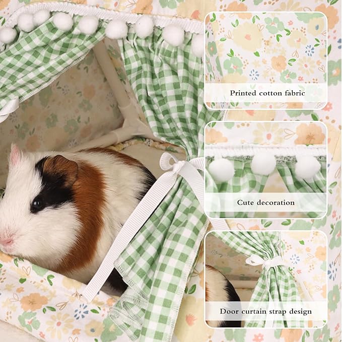 Hamster Hideout Tent with Curtain,Bunny Hideout, Machine Washable Guinea Pig Hide Tent Houses & Habitats, Triangular Hideout Shelter Small Animal Bed,Ferret, Rat, Chinchilla, Squirrel(flower)