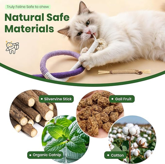 Silvervine Sticks for Cats and Cat Chew Rope Toy for Dental Care Teeth Cleaning&Anxiety Relief,Interactive Catnip Toys for Bored Indoor Cats(9pcs)