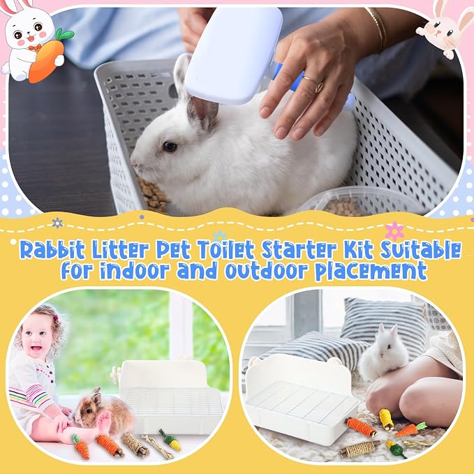 20 Pcs Rabbit Starter Kit Small Bunny Litter Box Animal Grooming Kit with Hanging Pet Bowls Water Bottle Bunny Toys Flannel Blankets with Cleaning Set for Guinea Pig Rabbit Accessories(Blue)