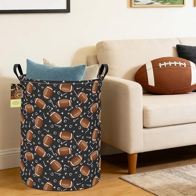 Collapsible Fabric Storage Basket, Waterproof Laundry Hamper with Handles, Round Storage Bin for Clothes Toys, Foldable Organizer for Bedroom Nursery Bathroom(Round-Rugby)