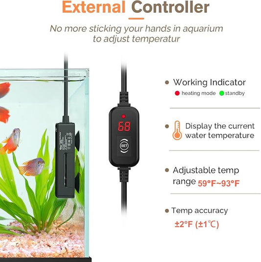 hygger Mini Fish Tank Submersible Heater 20W for 1-5 Gallons Desktop Betta Aquarium Heater with Digital Display Controller Adjustable Temperature