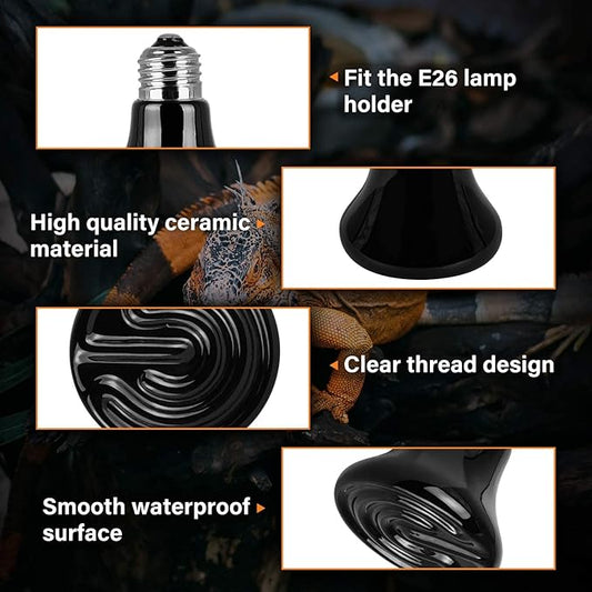 Simple Deluxe 50W 4-Pack Mini Ceramic Heat Emitter Reptile Heat Lamp Bulb No Light Emitting Brooder Coop Heater for Amphibian Pet & Incubating Chicken, Black