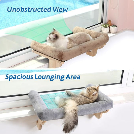 Zakkart Cat Perch for Window Sill with Bolster - Orthopedic Hammock Design with Premium Hardwood & Robust Metal Frame - Cat Window Seat for Large Cats - Natural Color Wood Brown Bed, 26.4''W