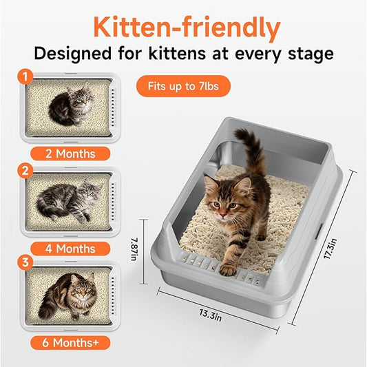 Stainless Steel Cat Litter Box, Odor Free Metal Litter Box with High Sides Lid, Open Top Low Entry Litter Pan Include Scoop Easy Cleaning Anti-Scratch Kitty Cat Box Anti-Urine Leakage, Non-Sticky