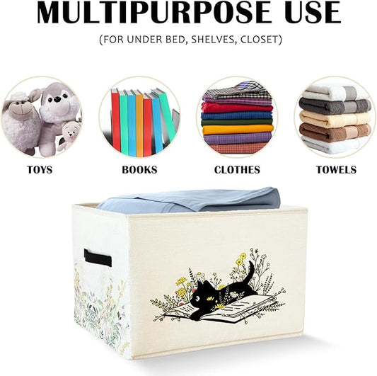 Black Cat Floral Storage Basket Bins With Handles for Girls Kids, Floral Cat Foldable Organizer Basket Toybox for Girls Room Nursery Bedroom Bathroom Clothes Toys Books