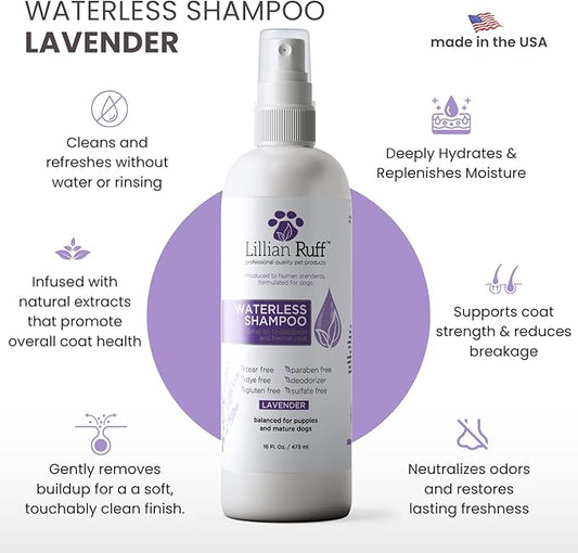 Lillian Ruff Waterless No-Rinse Dog Dry Shampoo Spray with Hydrating Essential Oils - pH-Balanced Dry Shampoo for Dogs - Clean, Condition, Detangle & Deodorize Dry, Sensitive Skin (Lavender)