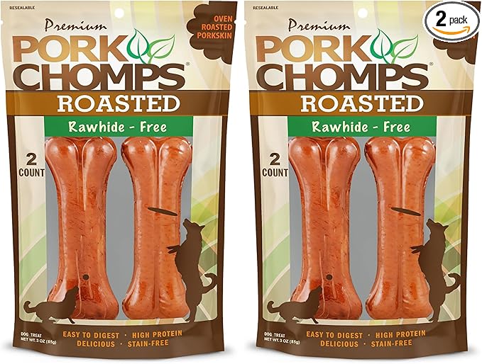 Pork Chomps Roasted Pressed Pork Skin Dog Chews, 4.5-inch Bone, 2 Count (Pack of 2)
