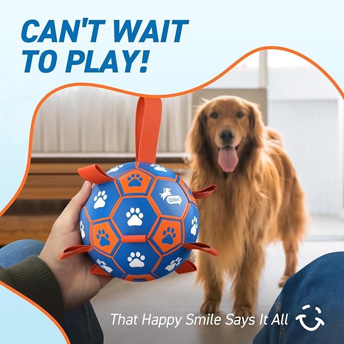 QDAN Dog Ropes Toys Soccer Ball with Straps, Puppy Birthday Gifts, Tug Toy, Durable Dog Balls for Medium & Large Dogs- Blue Orange(8 Inch)