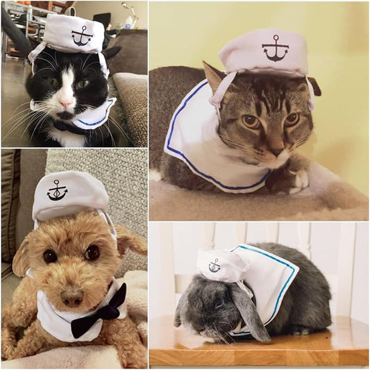 NAMSAN Pet Sailor Costume for Cats Small Dogs, Cat Halloween Costumes, Small Dog Sailor Outfit, Cat Sailors Hat with Tie Collar, Pet Navy Costume for Kitten Puppy Statue Decoration
