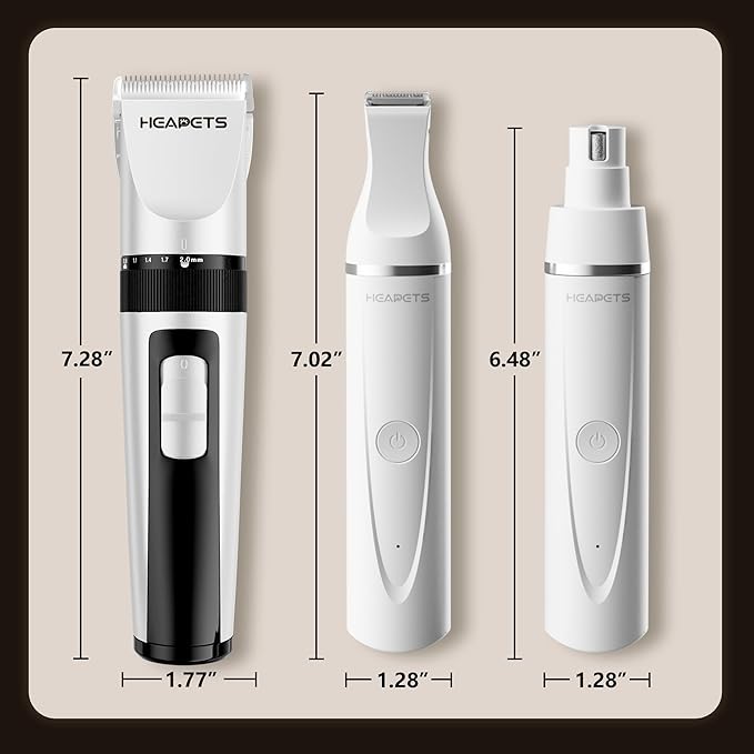 HEAPETS Dog Hair Clippers for Grooming Kit and Dog Paw Trimmer Nail Grinder for Grooming, Low Noise Rechargeable Cordless, Shaver Grooming Supplies for Pet Cats Dogs (White, White)