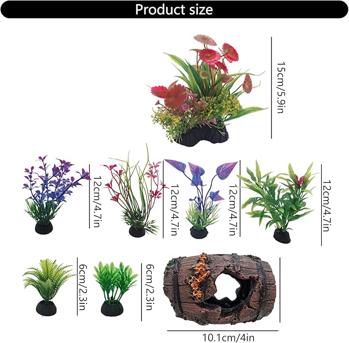 9 Pcs Aquarium Artificial Plastic Glass Plants and Rock Cave Decor Set, Goldfish Betta Fish Tanks Decoration Accessories Green Plants, Simulation Water Plant Corals Ornaments